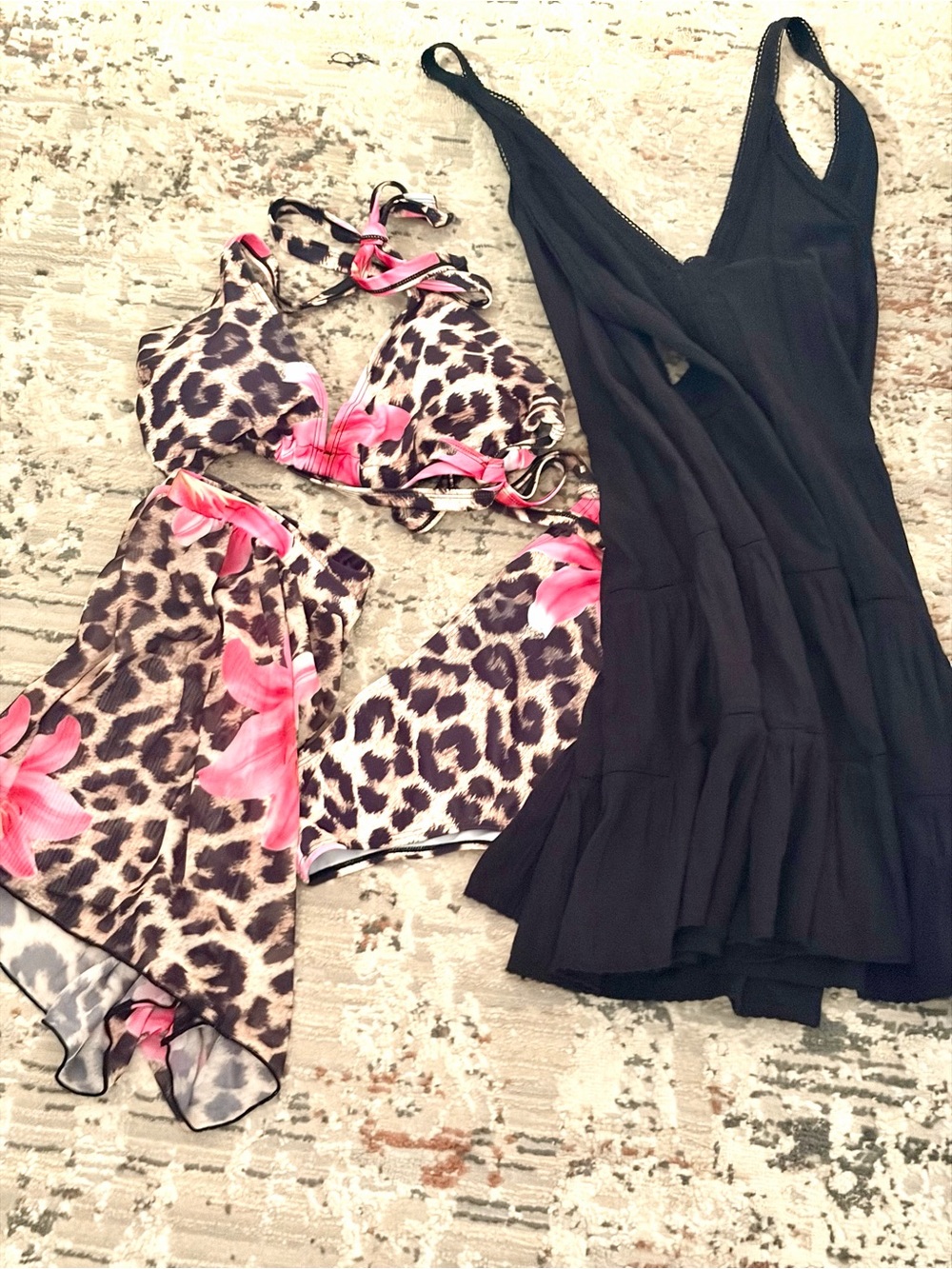 Source Unknown Leopard & Pink Floral Bikini with American eagle cover up.